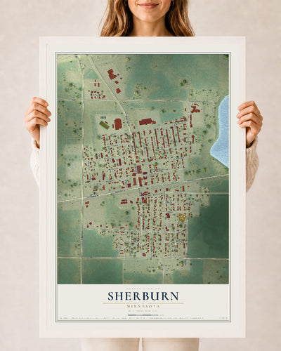 Map of Sherburn, Minnesota, 24 x 36 inch print in a white wood frame