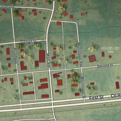 Close-up of the map of Shevlin, Minnesota print showing street and building detail