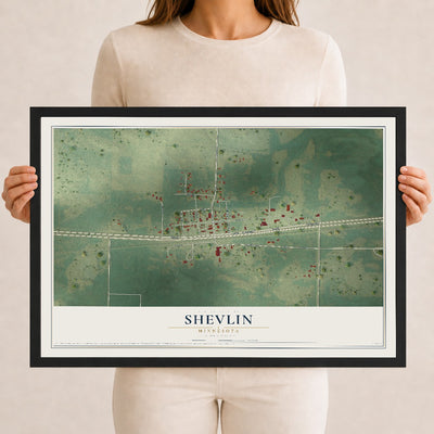 Map of Shevlin, Minnesota, 12 x 18 inch print in a black wood frame