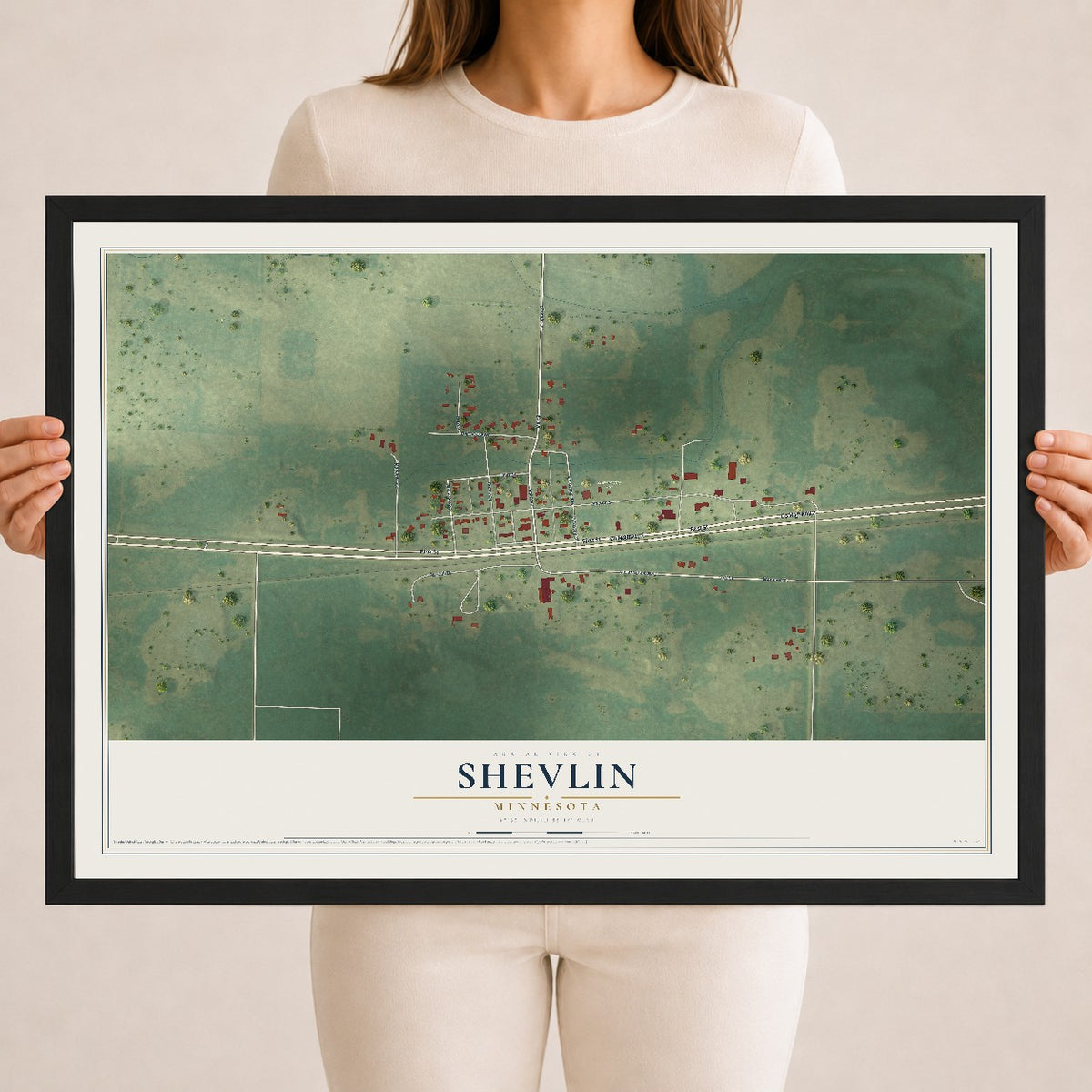 Map of Shevlin, Minnesota, 18 x 24 inch print in a black wood frame