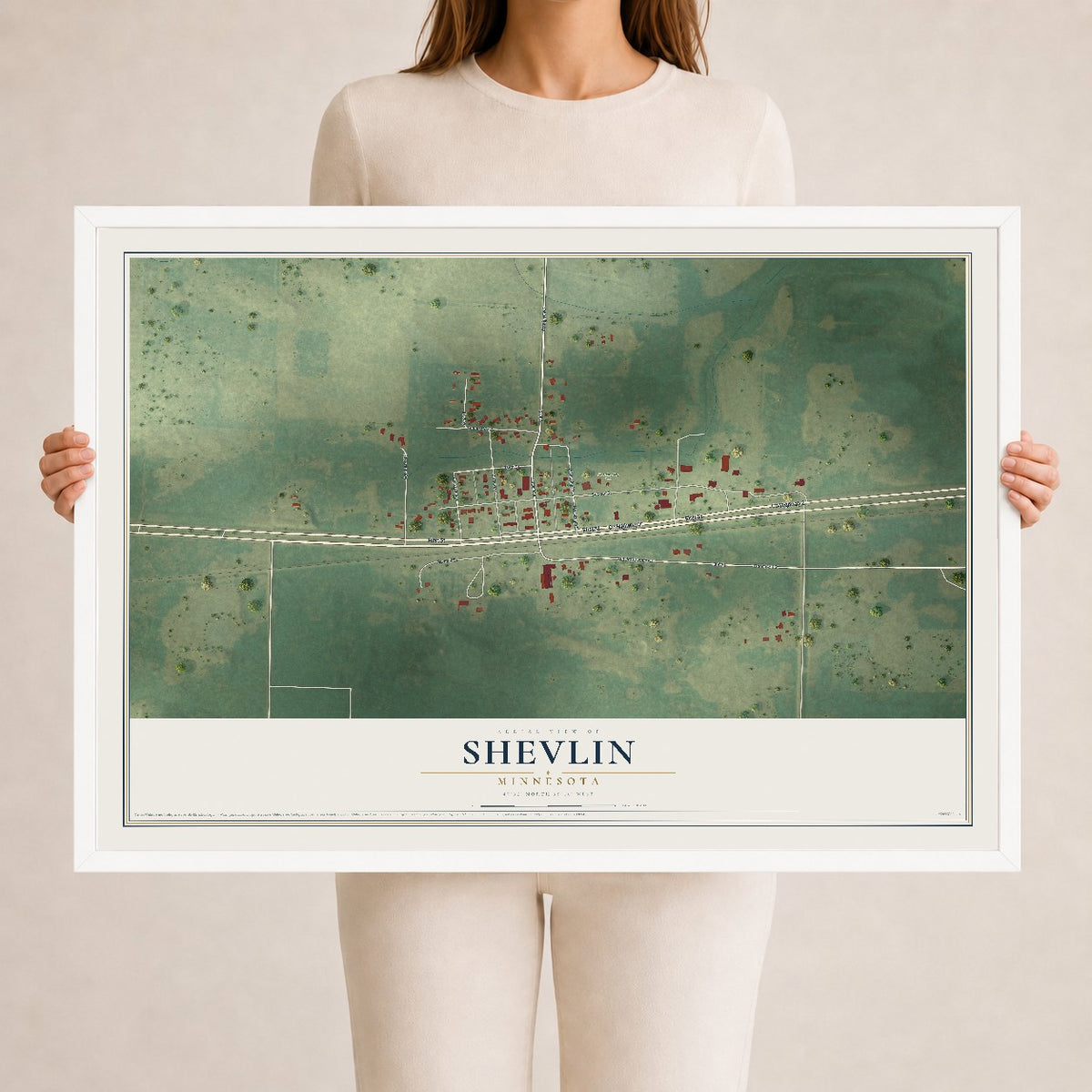 Map of Shevlin, Minnesota, 24 x 36 inch print in a white wood frame