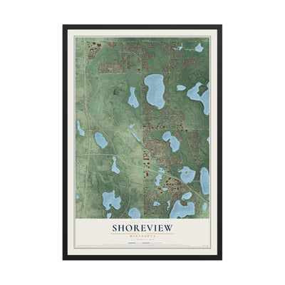 Map of Shoreview, Minnesota, 12 x 18 inch print in a black wood frame