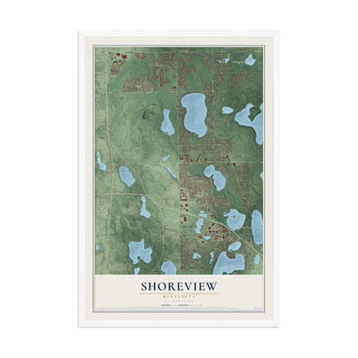 Map of Shoreview, Minnesota, 12 x 18 inch print in a white wood frame