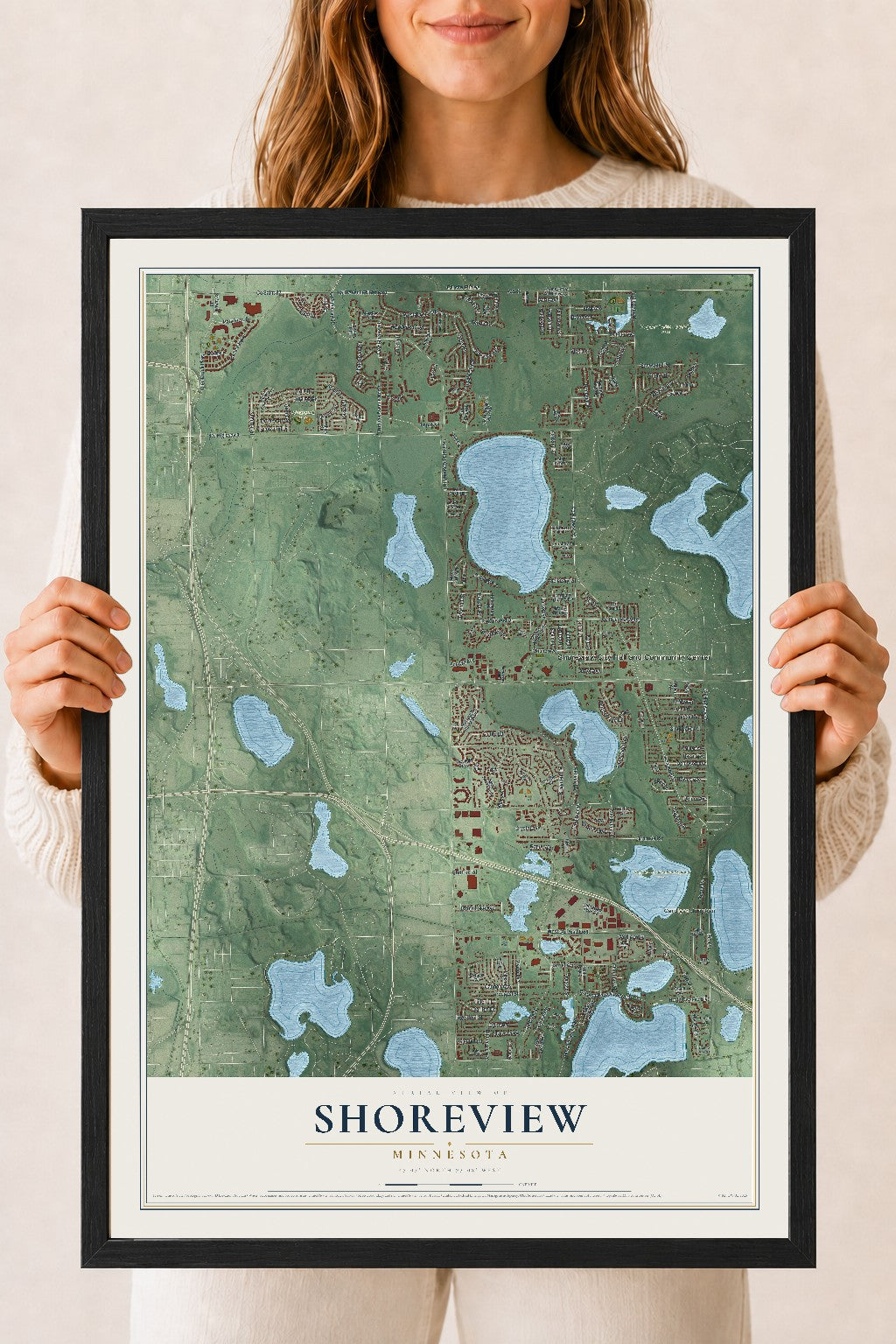 Map of Shoreview, Minnesota, 18 x 24 inch print in a black wood frame