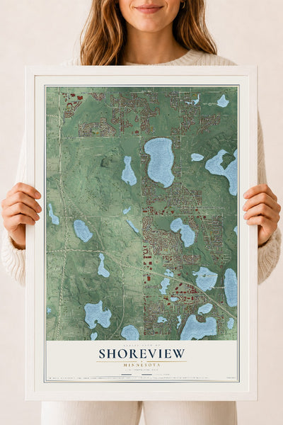 Map of Shoreview, Minnesota, 18 x 24 inch print in a white wood frame