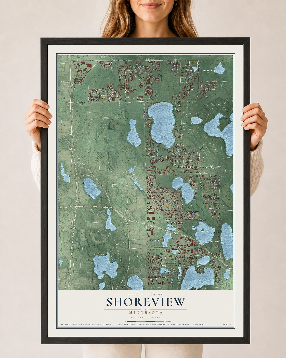 Map of Shoreview, Minnesota, 24 x 36 inch print in a black wood frame