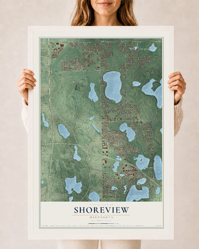 Map of Shoreview, Minnesota, 24 x 36 inch print in a white wood frame