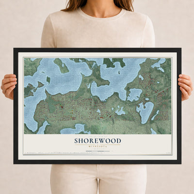 Map of Shorewood, Minnesota, 12 x 18 inch print in a black wood frame