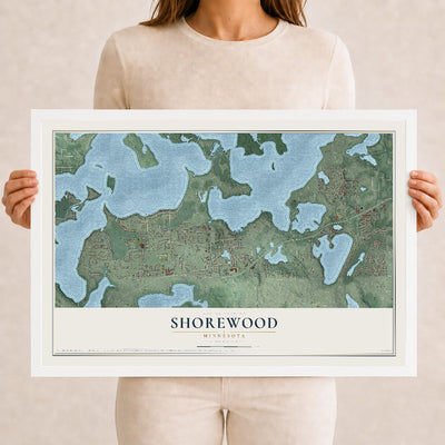 Map of Shorewood, Minnesota, 12 x 18 inch print in a white wood frame