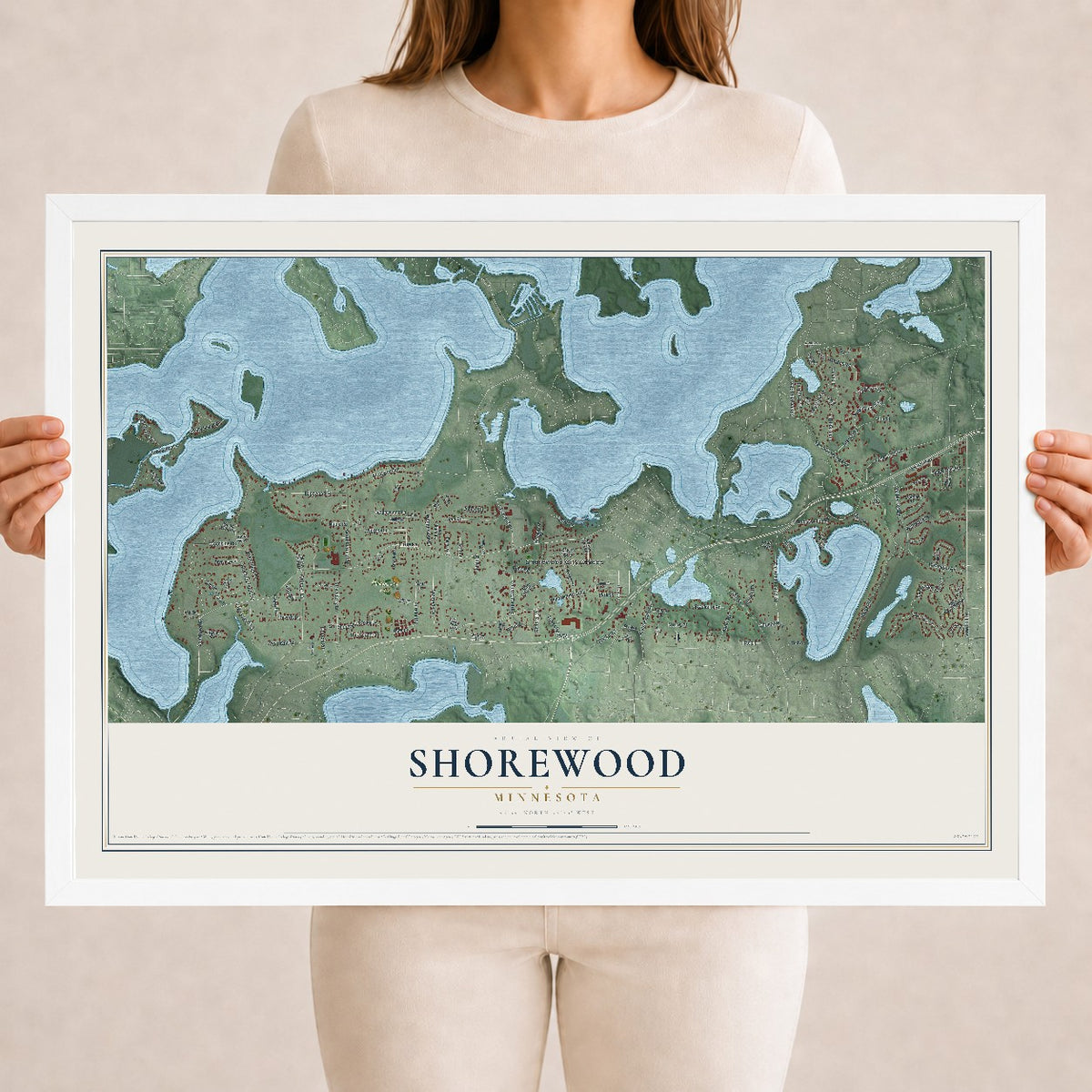 Map of Shorewood, Minnesota, 18 x 24 inch print in a white wood frame