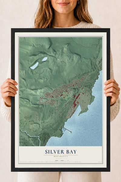 Map of Silver Bay, Minnesota, 18 x 24 inch print in a black wood frame