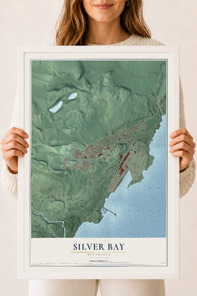 Map of Silver Bay, Minnesota, 18 x 24 inch print in a white wood frame
