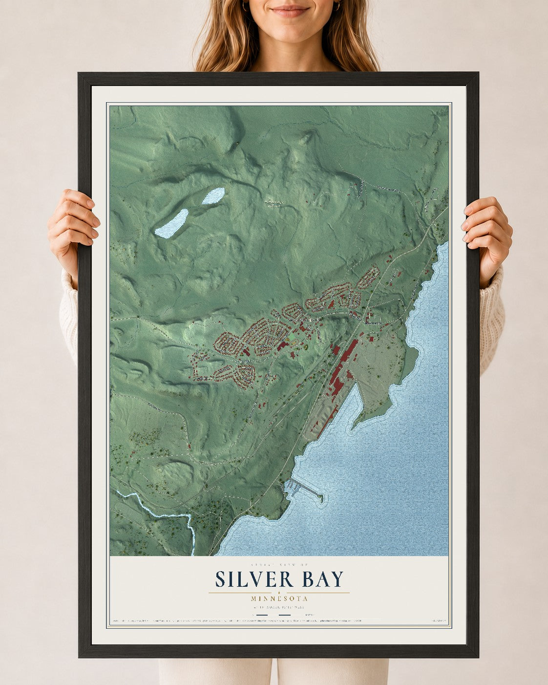 Map of Silver Bay, Minnesota, 24 x 36 inch print in a black wood frame
