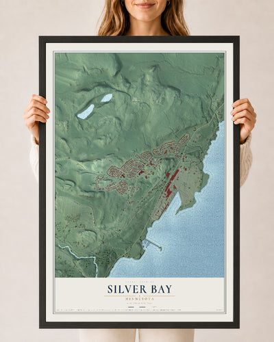 Map of Silver Bay, Minnesota, 24 x 36 inch print in a black wood frame