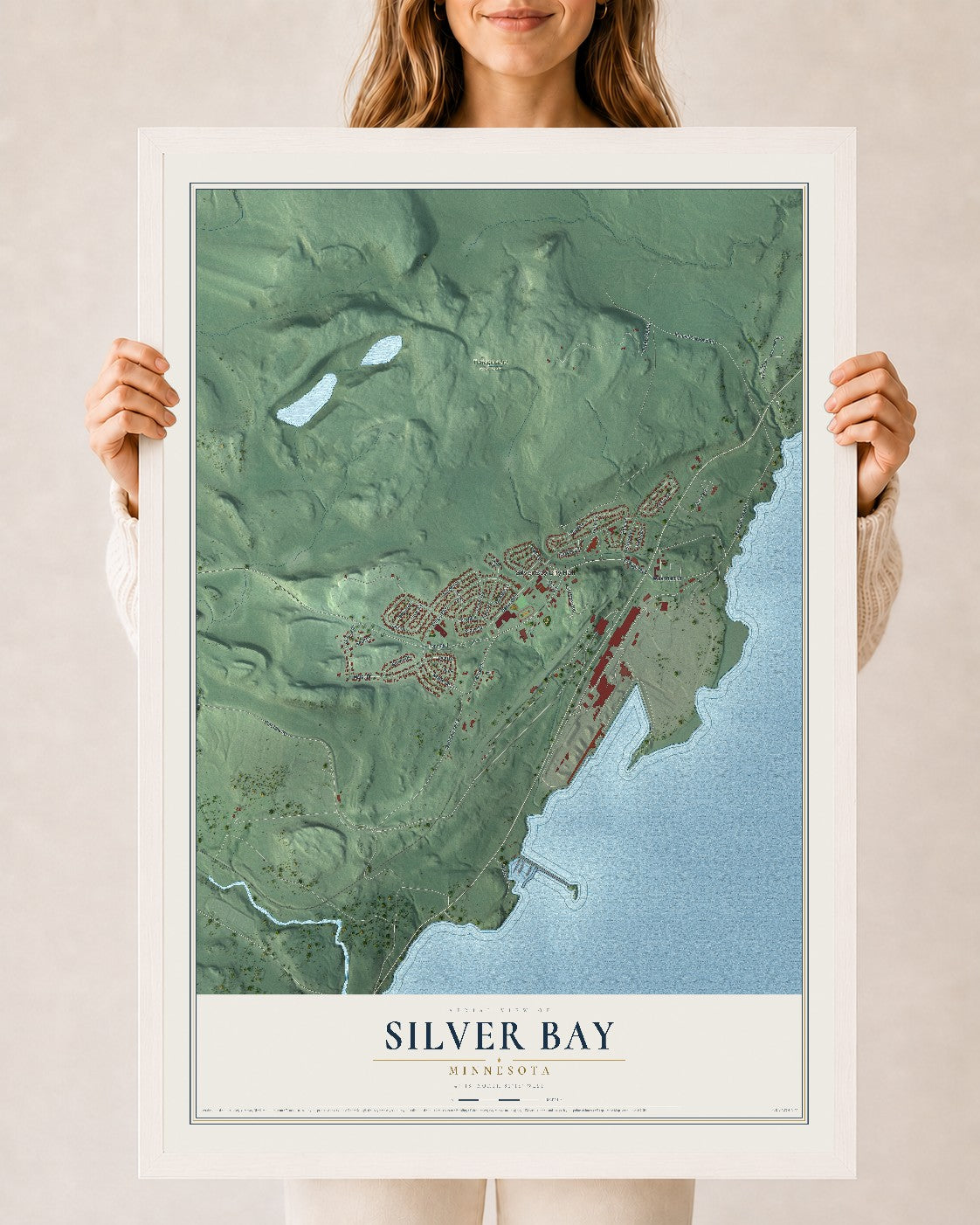 Map of Silver Bay, Minnesota, 24 x 36 inch print in a white wood frame
