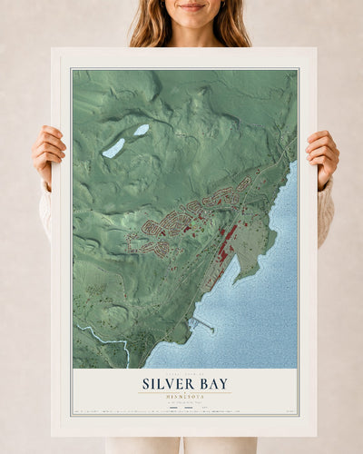 Map of Silver Bay, Minnesota, 24 x 36 inch print in a white wood frame