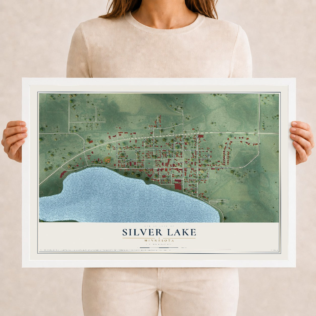 Map of Silver Lake, Minnesota, 12 x 18 inch print in a white wood frame