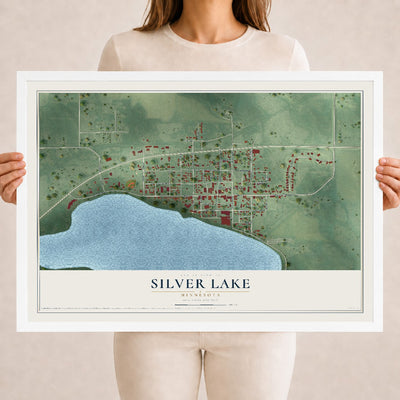 Map of Silver Lake, Minnesota, 18 x 24 inch print in a white wood frame