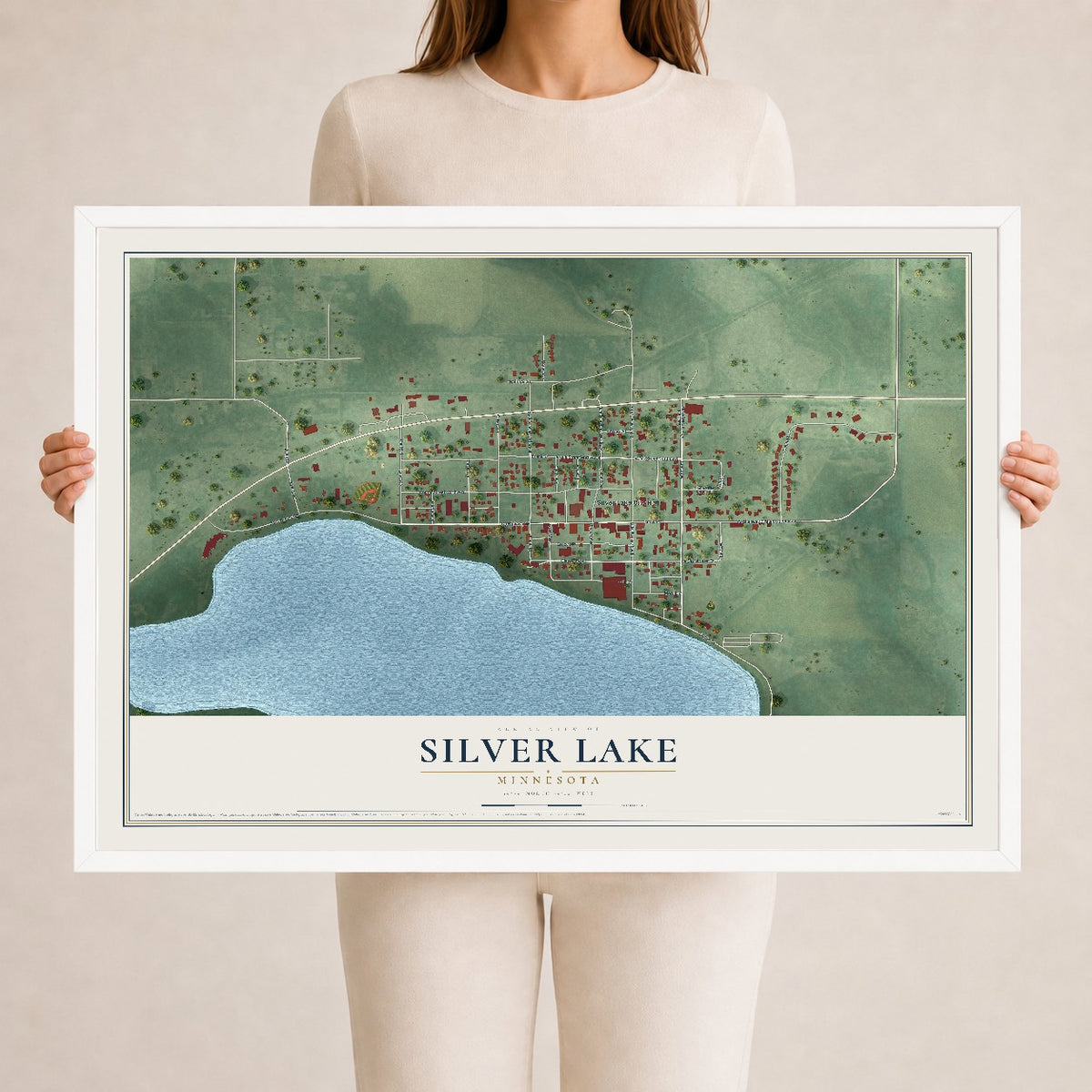 Map of Silver Lake, Minnesota, 24 x 36 inch print in a white wood frame
