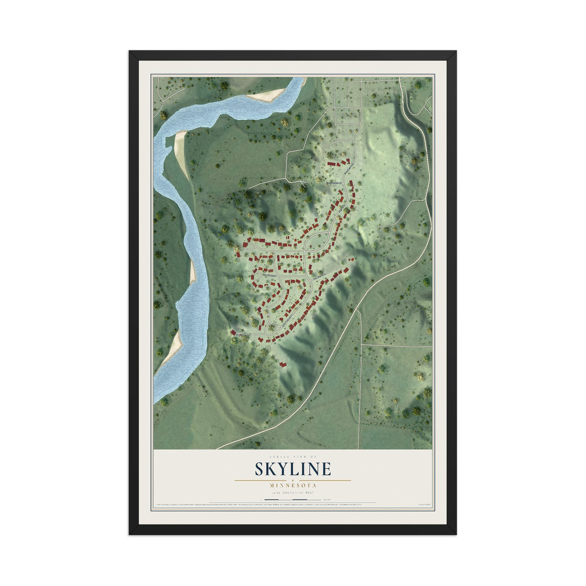 Map of Skyline, Minnesota, 12 x 18 inch print in a black wood frame