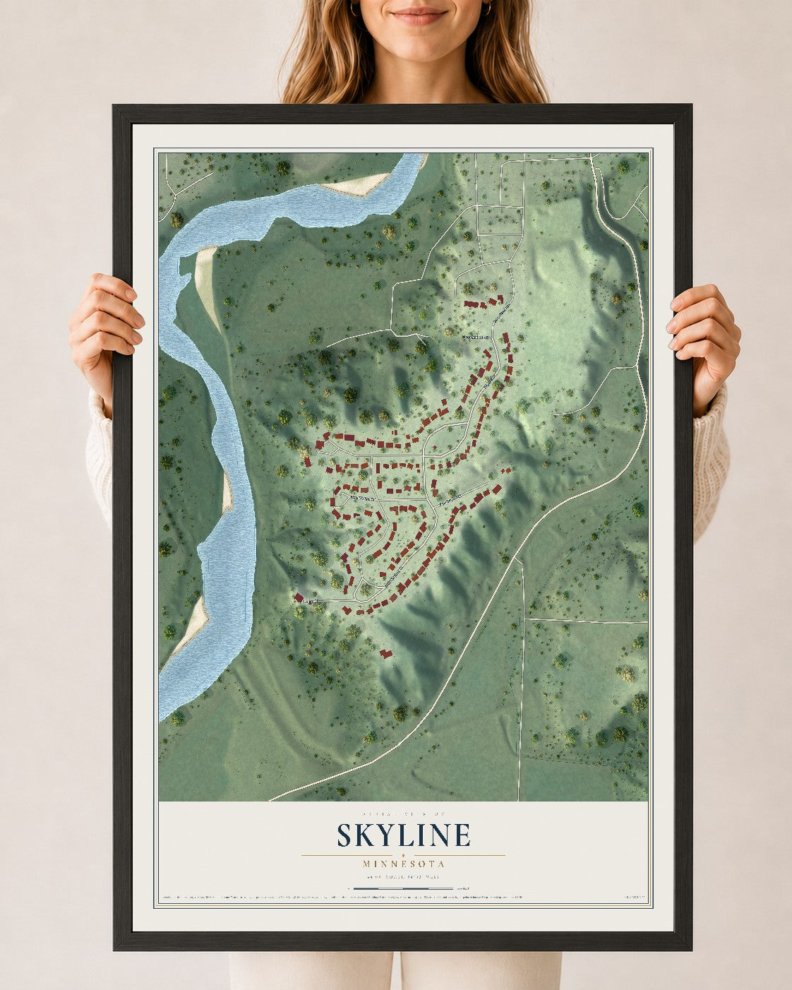 Map of Skyline, Minnesota, 24 x 36 inch print in a black wood frame