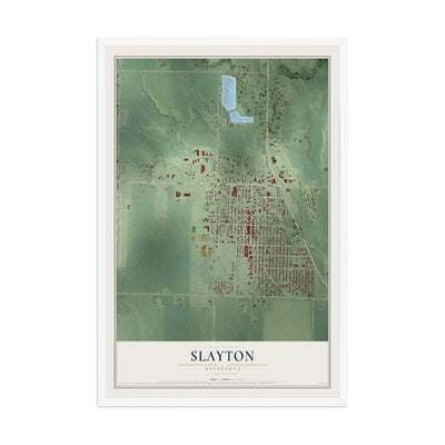 Map of Slayton, Minnesota, 12 x 18 inch print in a white wood frame