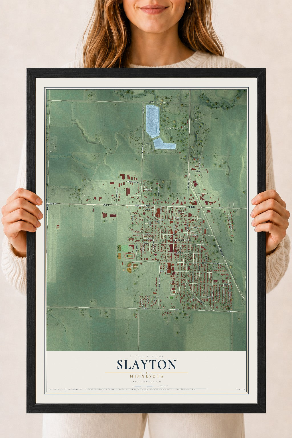 Map of Slayton, Minnesota, 18 x 24 inch print in a black wood frame