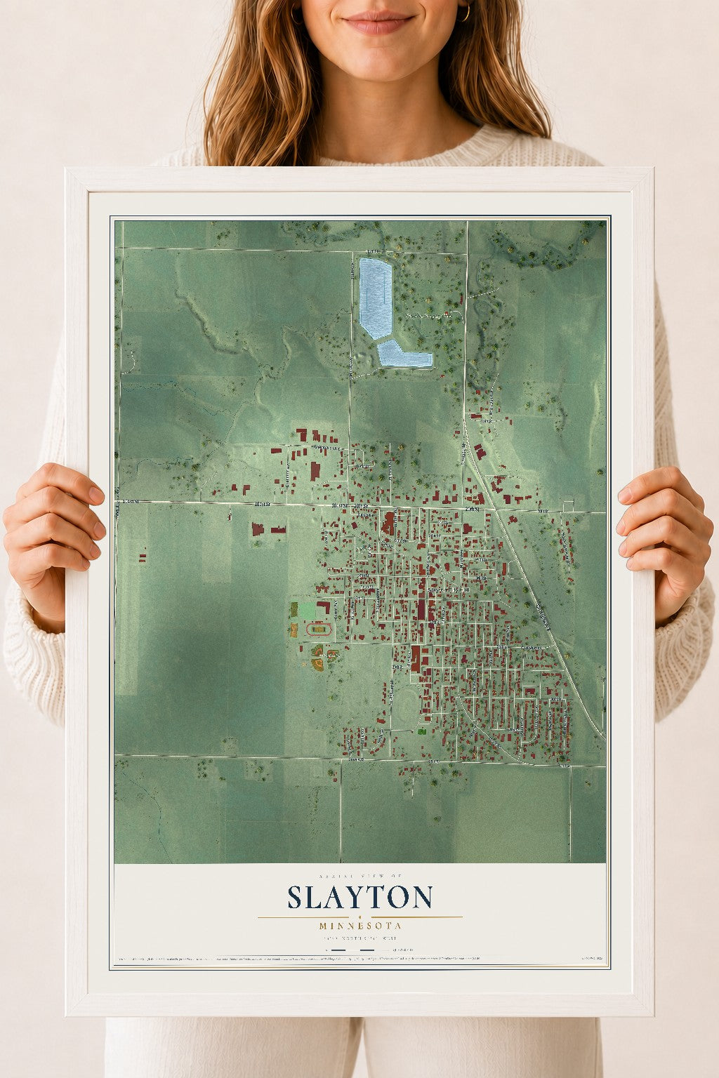 Map of Slayton, Minnesota, 18 x 24 inch print in a white wood frame