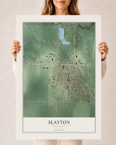 Map of Slayton, Minnesota, 24 x 36 inch print in a white wood frame