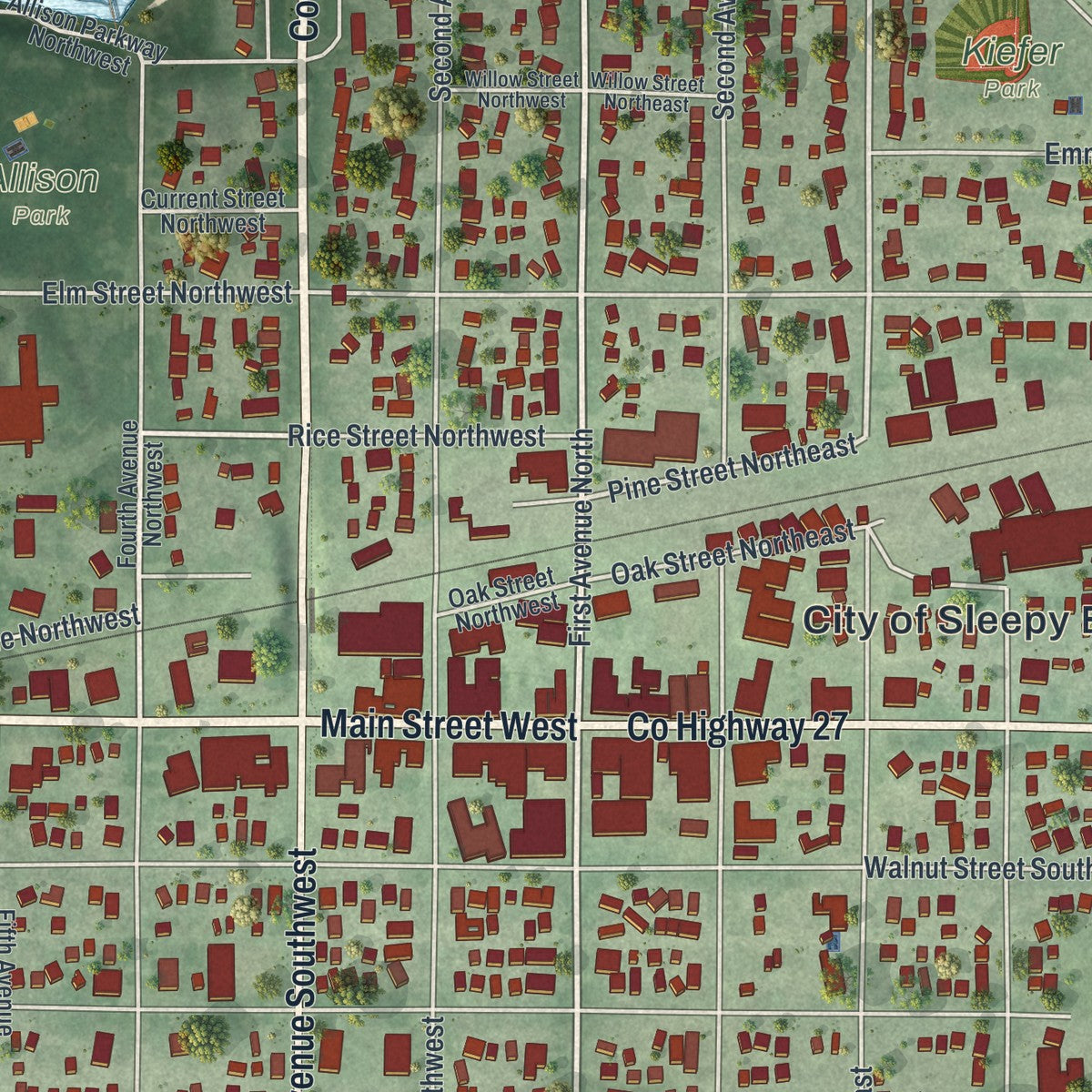 Close-up of the map of Sleepy Eye, Minnesota print showing street and building detail