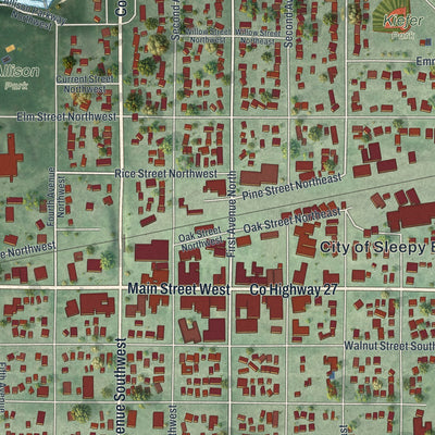 Close-up of the map of Sleepy Eye, Minnesota print showing street and building detail