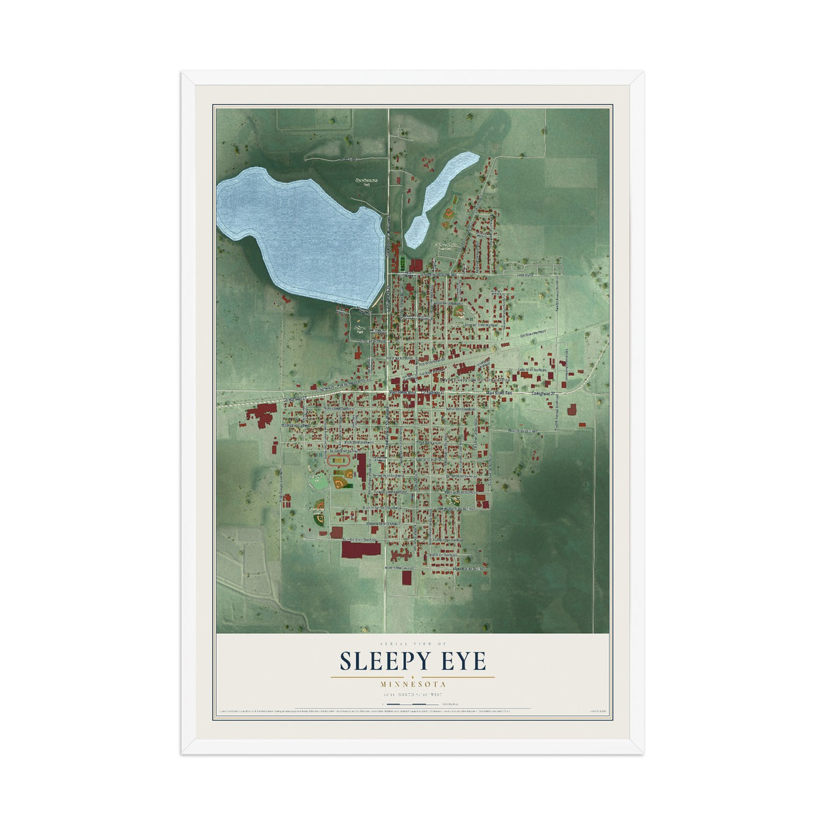 Map of Sleepy Eye, Minnesota, 12 x 18 inch print in a white wood frame