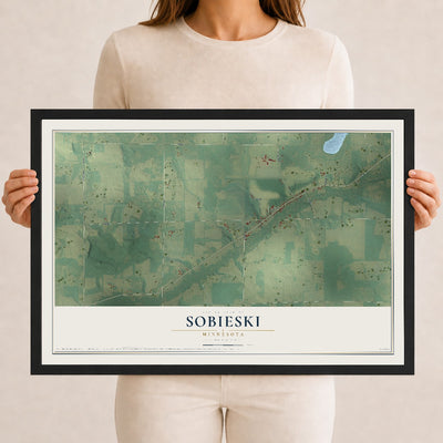 Map of Sobieski, Minnesota, 12 x 18 inch print in a black wood frame