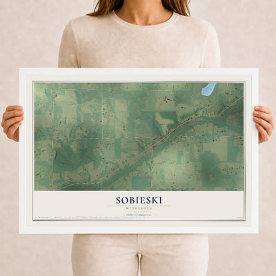 Map of Sobieski, Minnesota, 12 x 18 inch print in a white wood frame