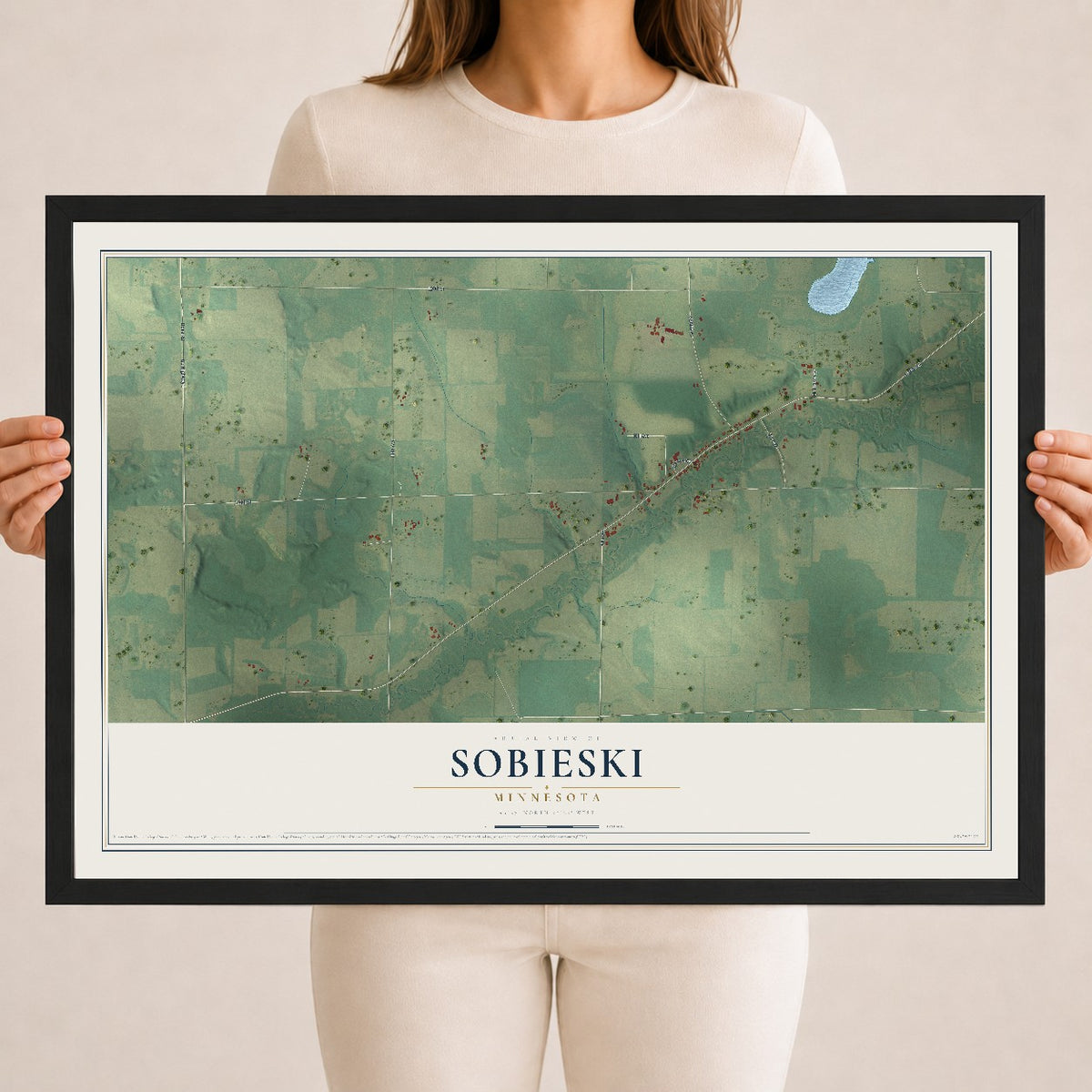 Map of Sobieski, Minnesota, 18 x 24 inch print in a black wood frame