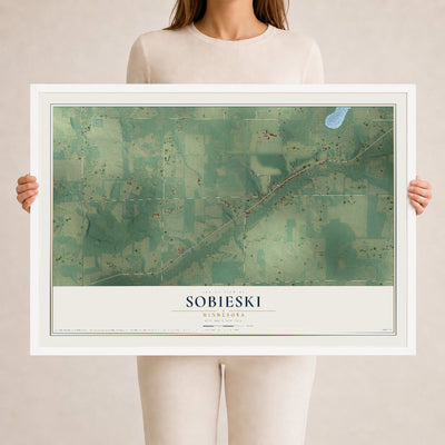Map of Sobieski, Minnesota, 24 x 36 inch print in a white wood frame