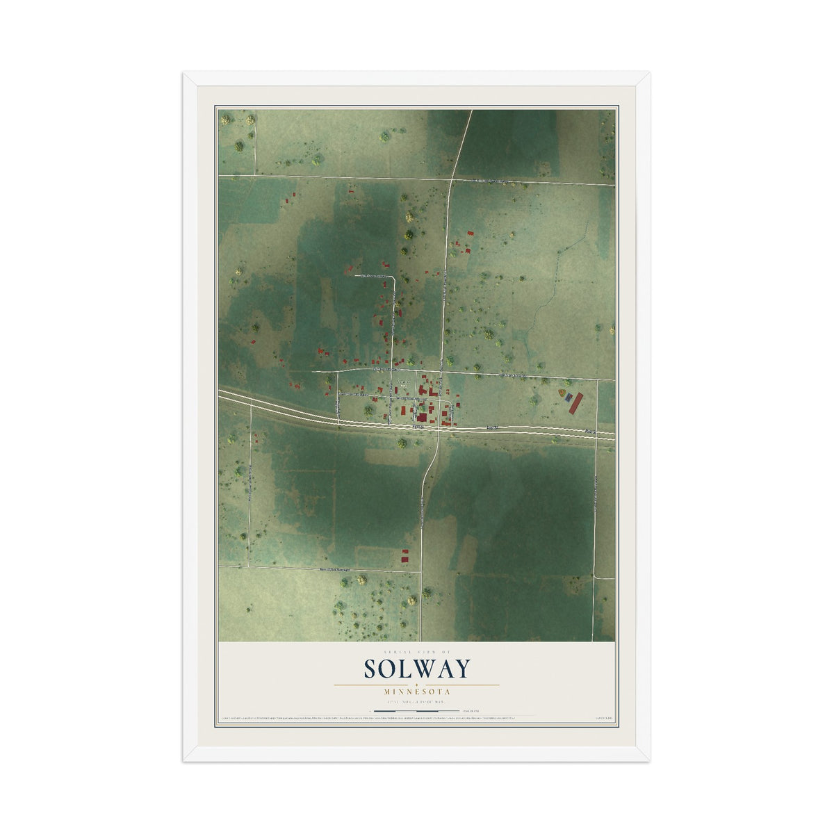 Map of Solway, Minnesota, 12 x 18 inch print in a white wood frame