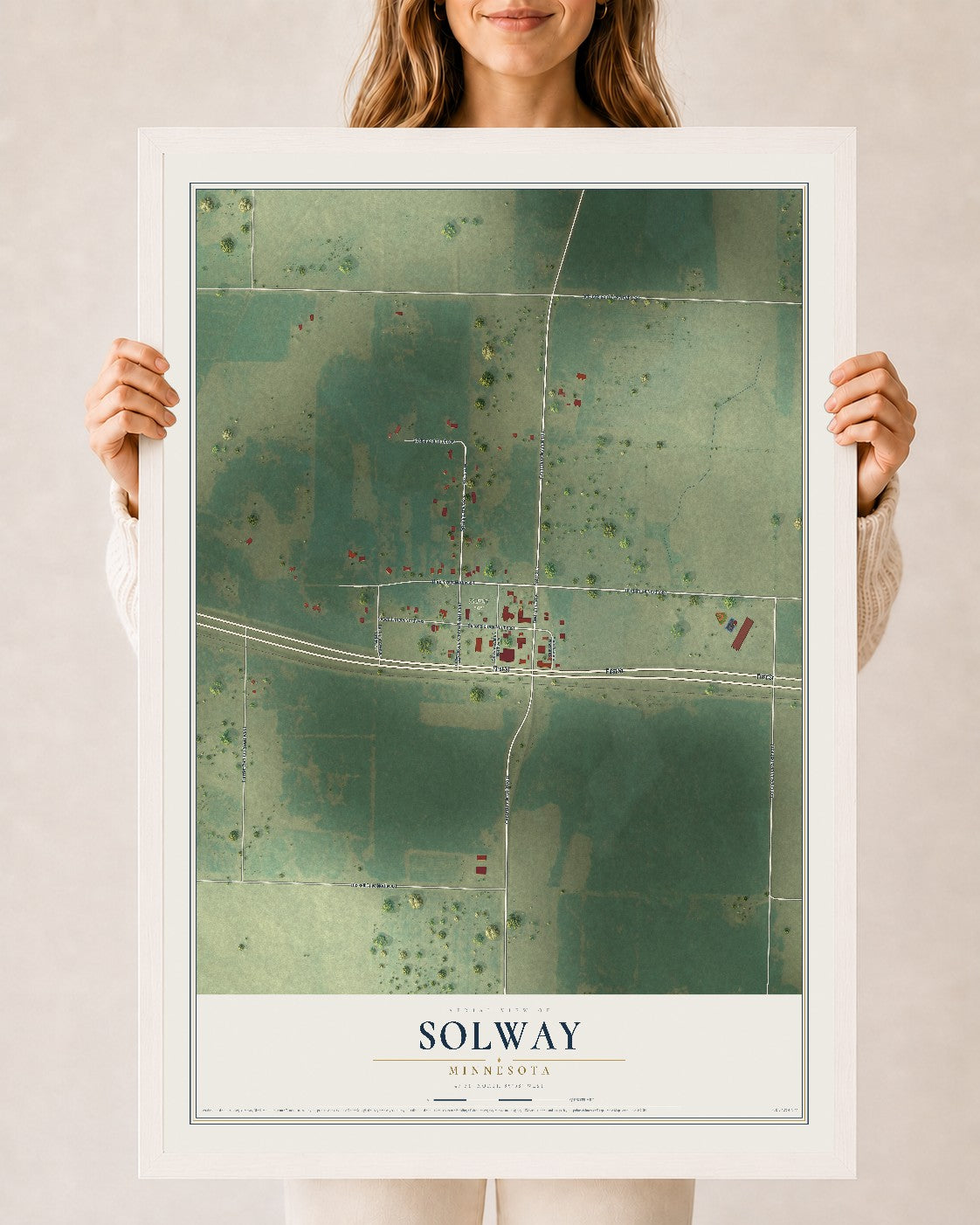 Map of Solway, Minnesota, 24 x 36 inch print in a white wood frame