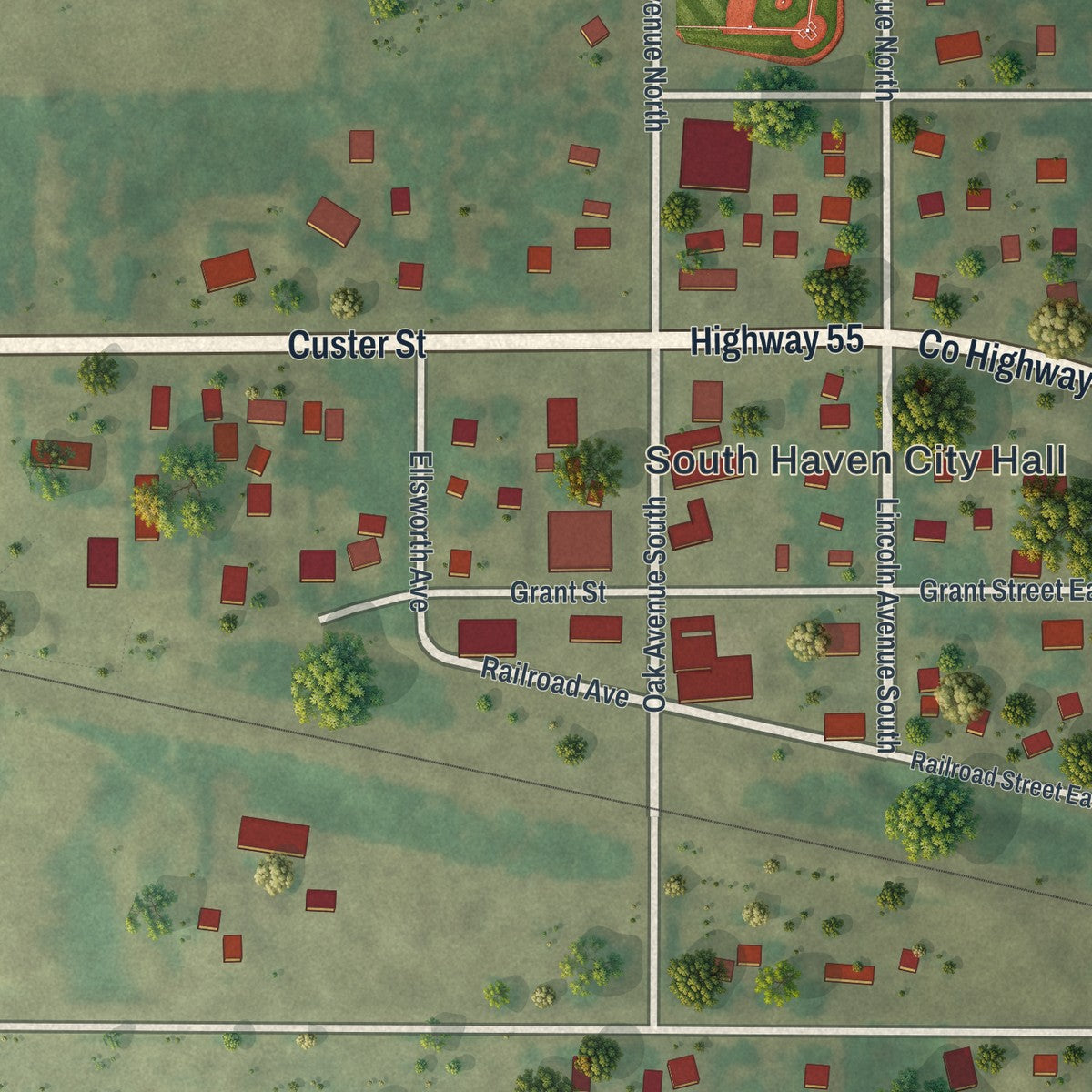 Close-up of the map of South Haven, Minnesota print showing street and building detail