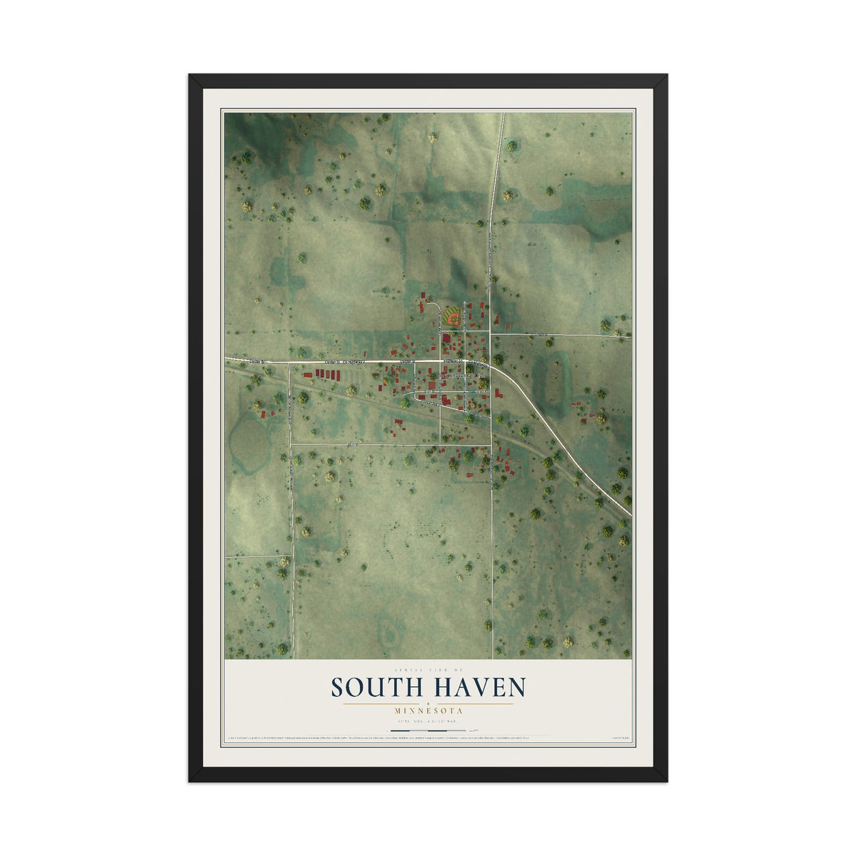 Map of South Haven, Minnesota, 12 x 18 inch print in a black wood frame