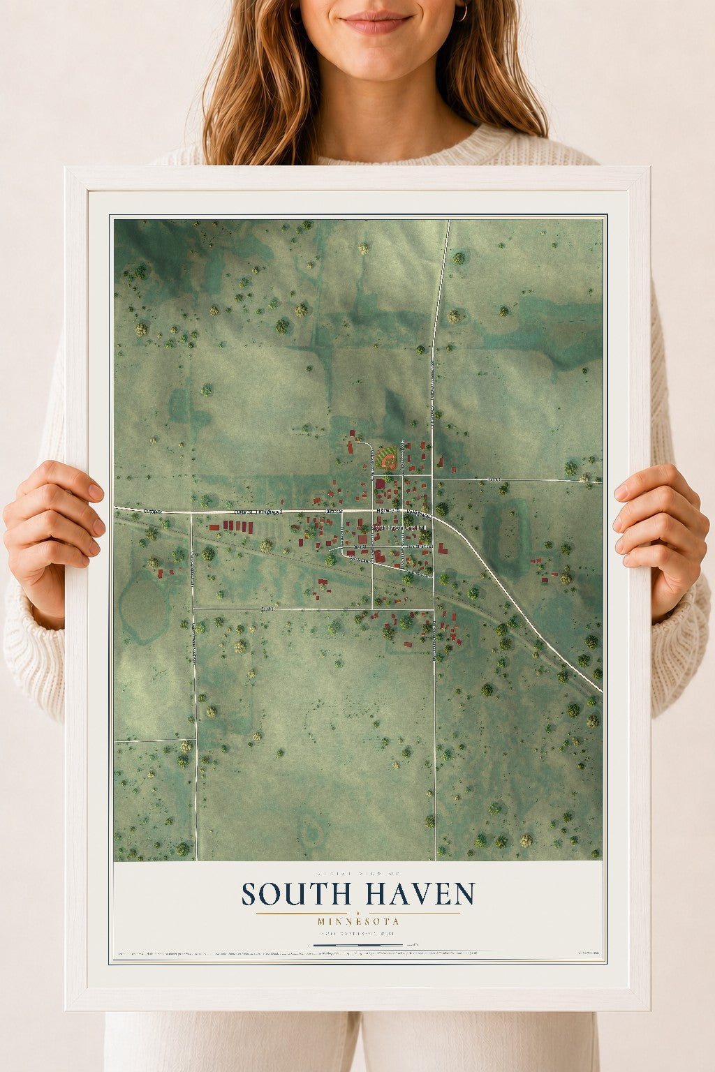 Map of South Haven, Minnesota, 18 x 24 inch print in a white wood frame