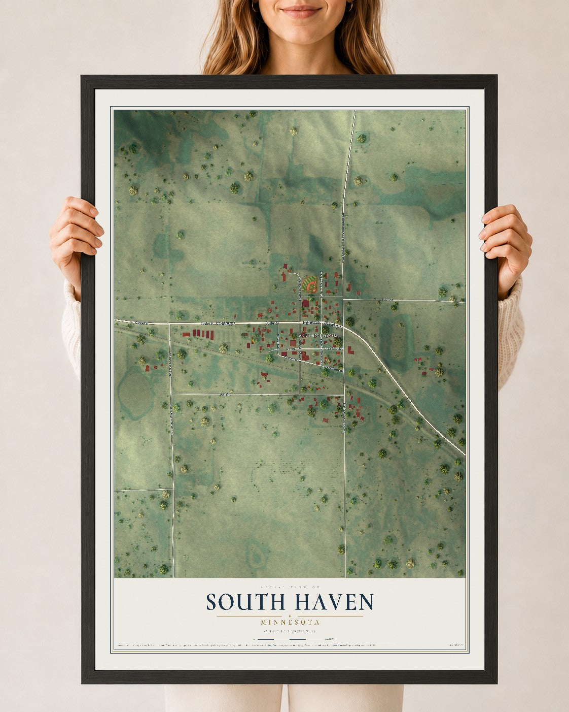 Map of South Haven, Minnesota, 24 x 36 inch print in a black wood frame