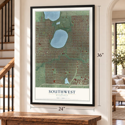 Southwest, Minnesota map, 24 x 36 inch print in a black frame by a staircase