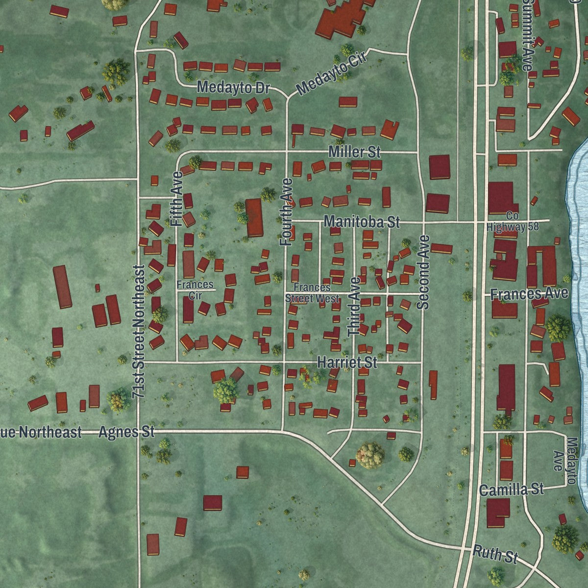 Close-up of the map of Spicer, Minnesota print showing street and building detail