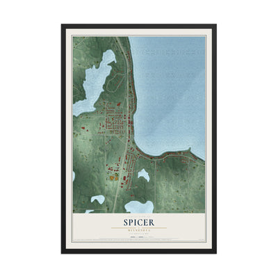 Map of Spicer, Minnesota, 12 x 18 inch print in a black wood frame