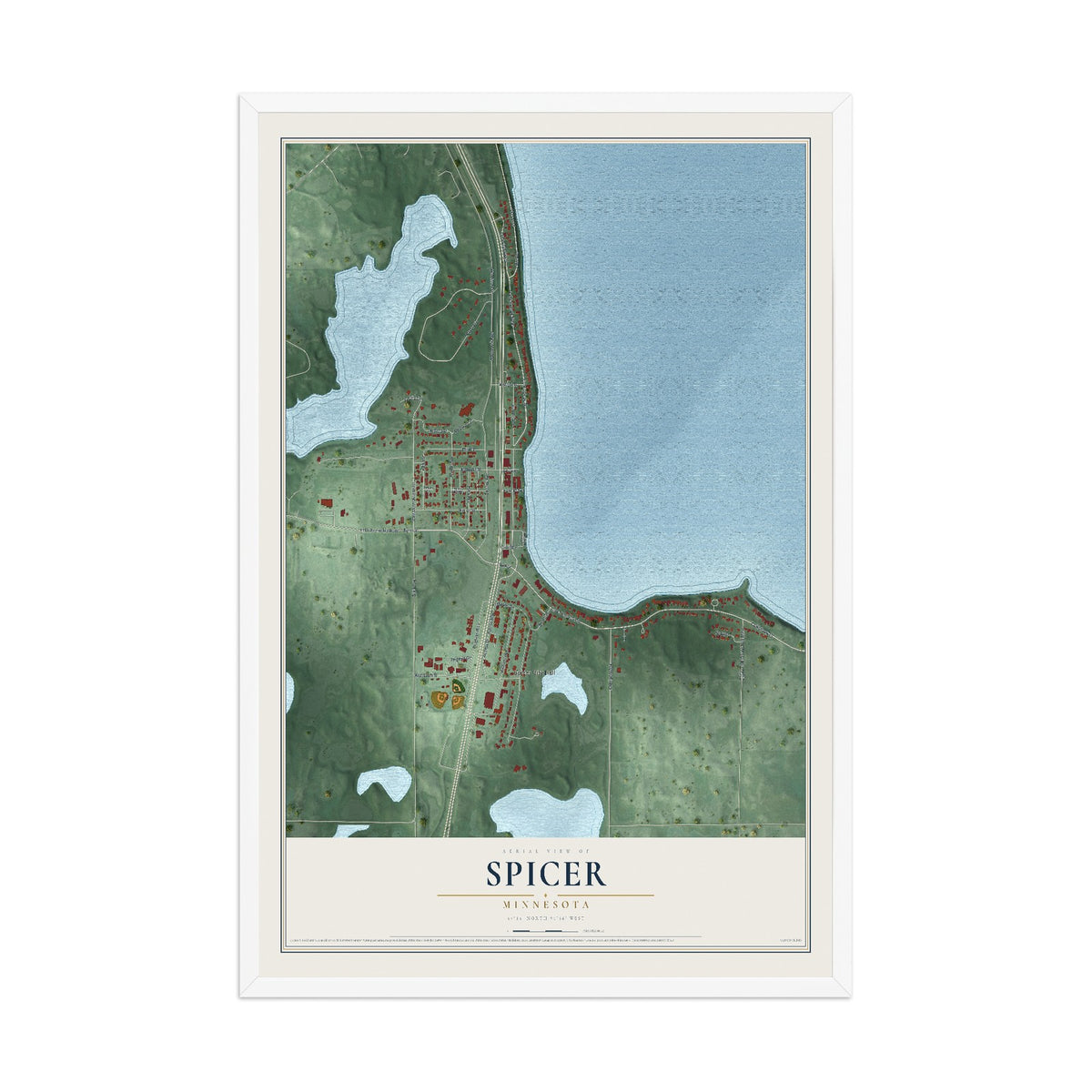 Map of Spicer, Minnesota, 12 x 18 inch print in a white wood frame