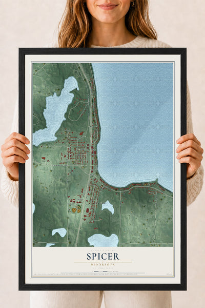 Map of Spicer, Minnesota, 18 x 24 inch print in a black wood frame