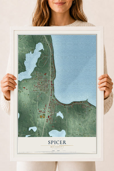 Map of Spicer, Minnesota, 18 x 24 inch print in a white wood frame