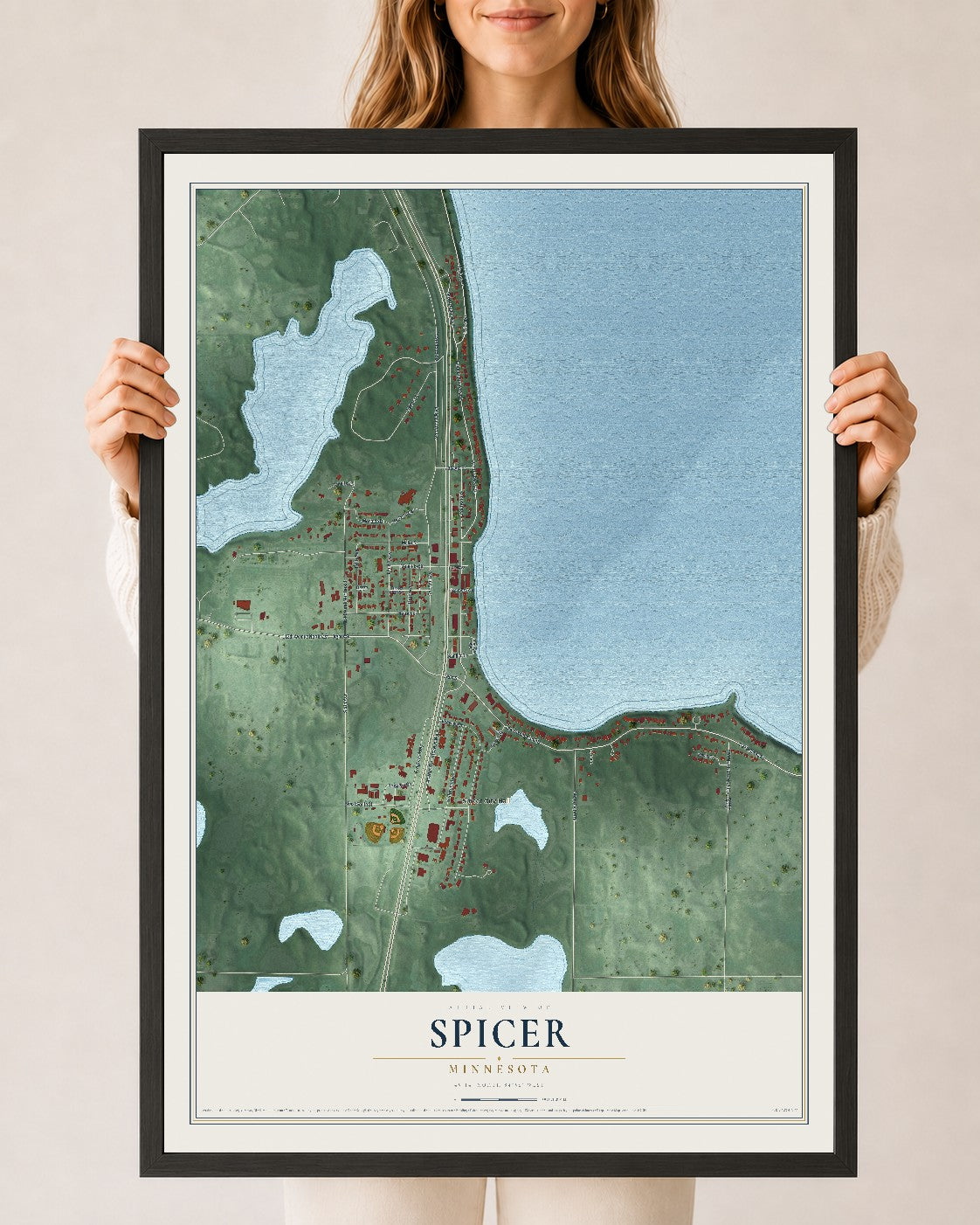 Map of Spicer, Minnesota, 24 x 36 inch print in a black wood frame