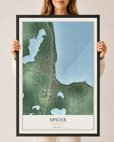Map of Spicer, Minnesota, 24 x 36 inch print in a black wood frame